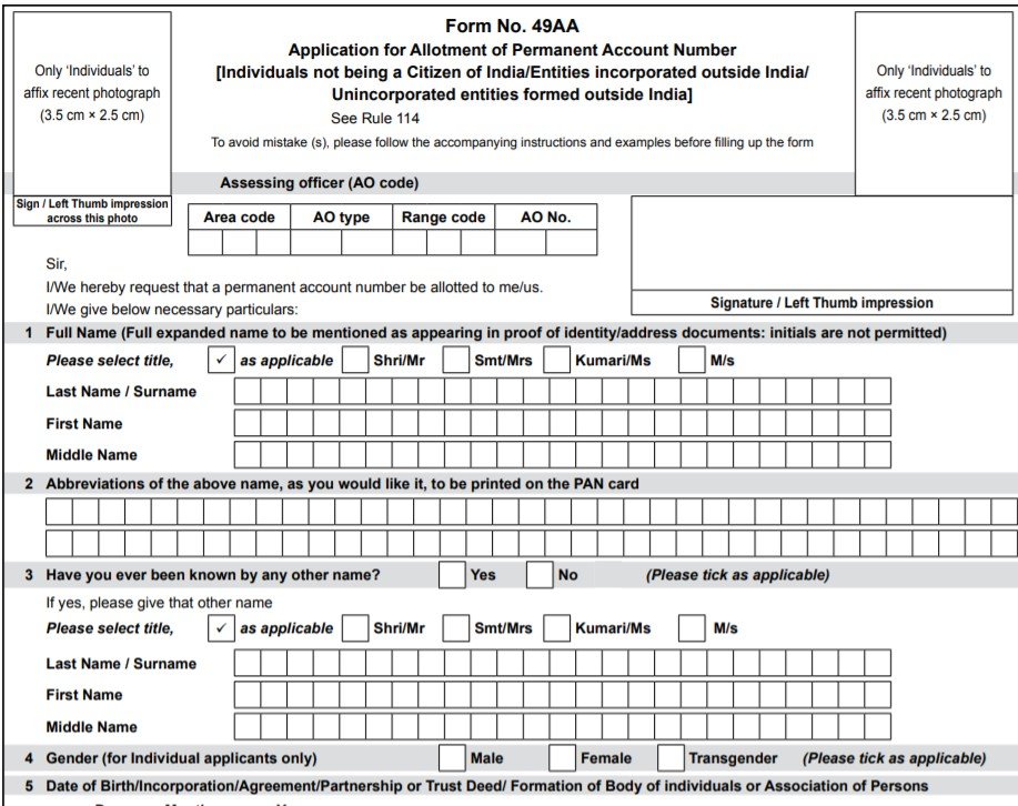 PAN Card Application Form 49AA