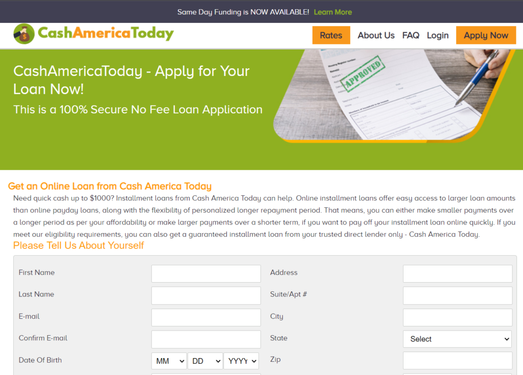 Cash America Today Application Form