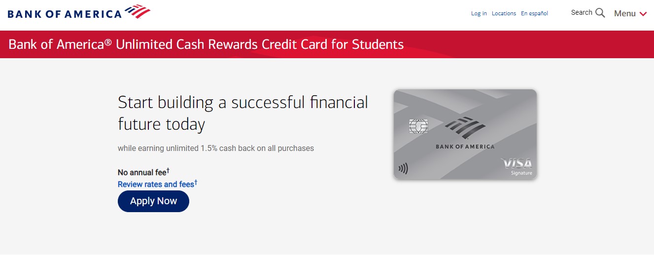 Bank of America Unlimited Cash Rewards for Student Card