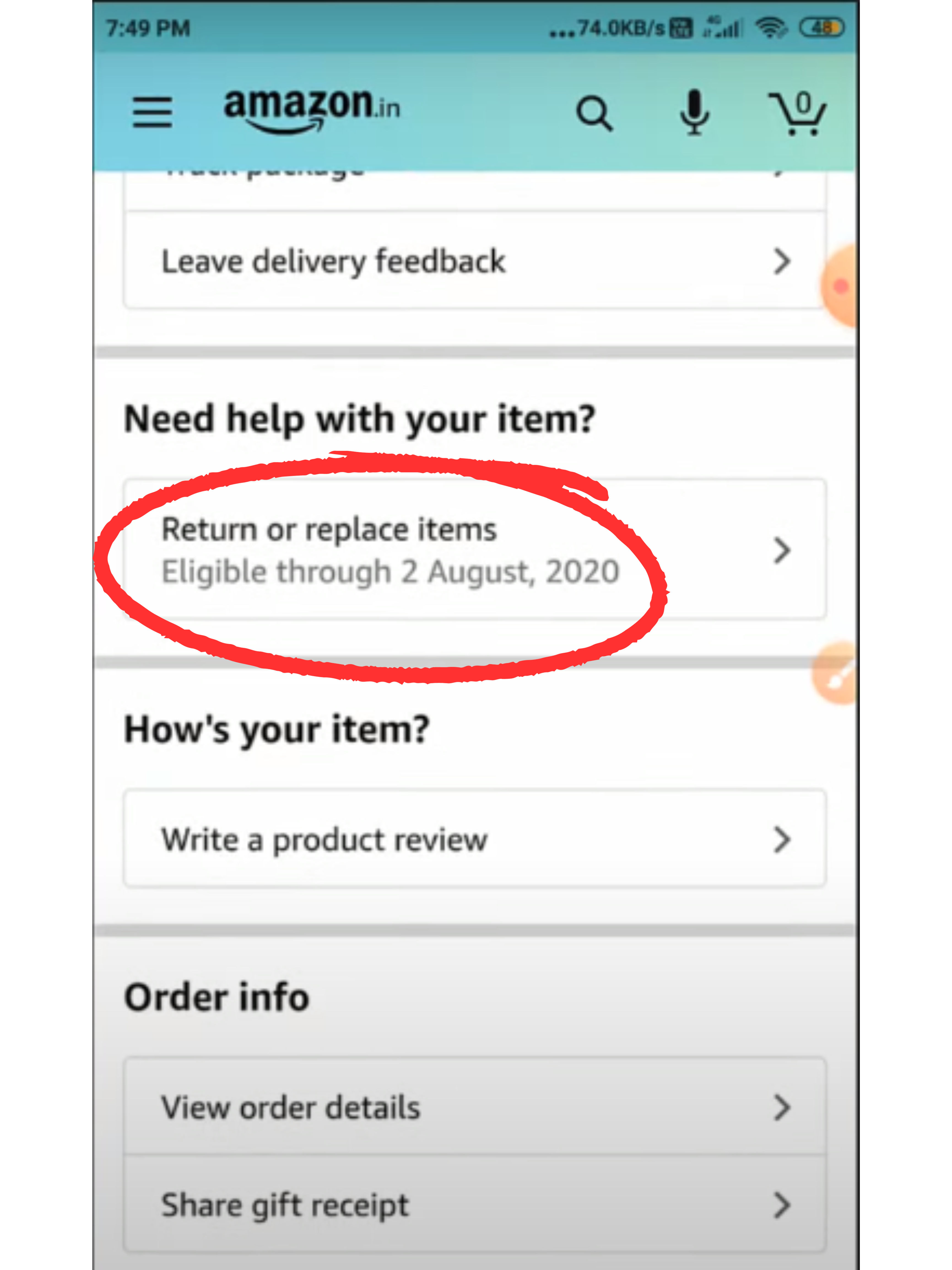 Click on "Return or Replace Items".