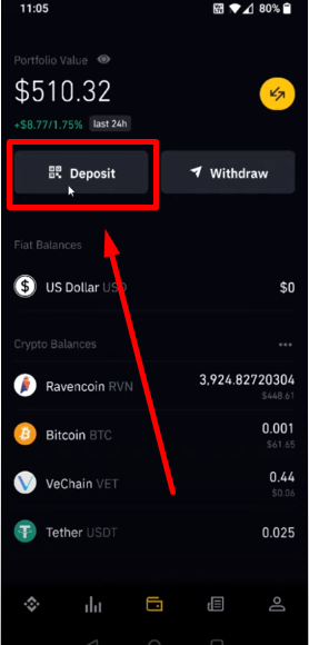 At the bottom of the Binance app, click on the wallet icon, and then select "Deposit."