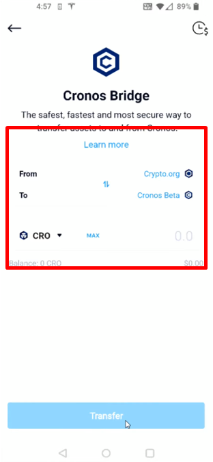 Transfer your CRO tokens from Crypto.org to Chronos Beta if they are not already there.