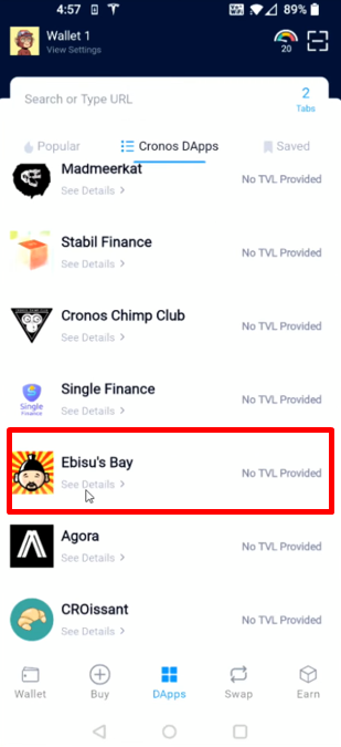 In the DApps section, scroll down to find Ebisu's Bay listed among the Cronos DApps. You can also save it to your bookmarks for easy access.