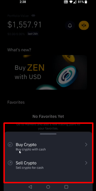 A pop-up menu will appear with options to "Buy Crypto" or "Sell Crypto." Select "Buy Crypto."