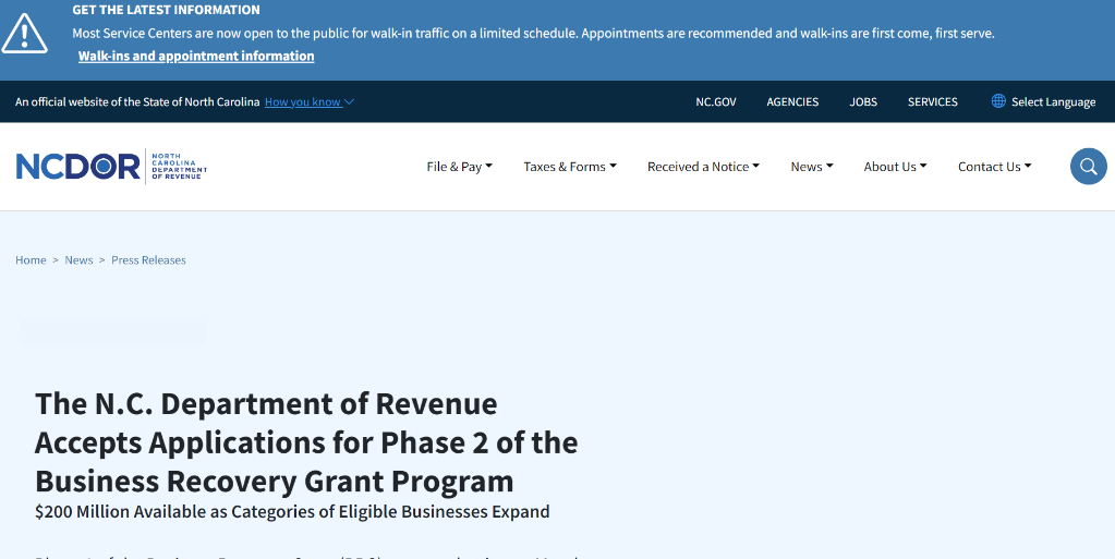 North Carolina Business Recovery Grant - Phase Two
