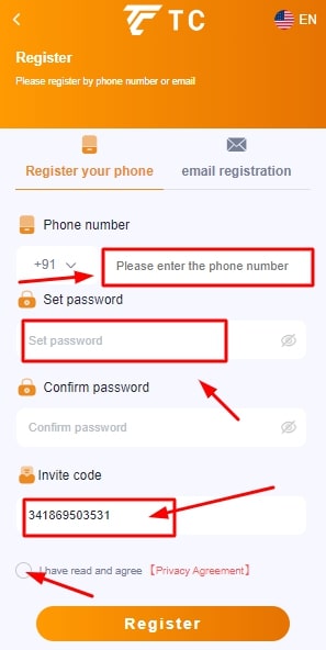 Type your details including your phone number and password