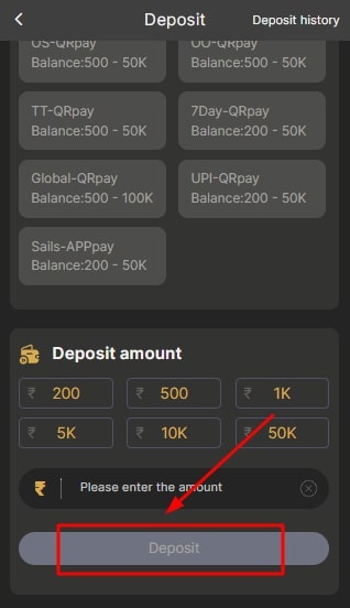 click on deposit button