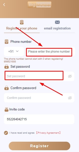 Enter your mobile number and password