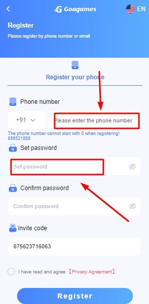 Add your mobile number and password