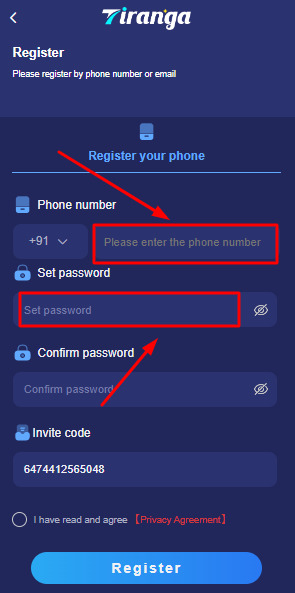 Type your details including your mobile number and password